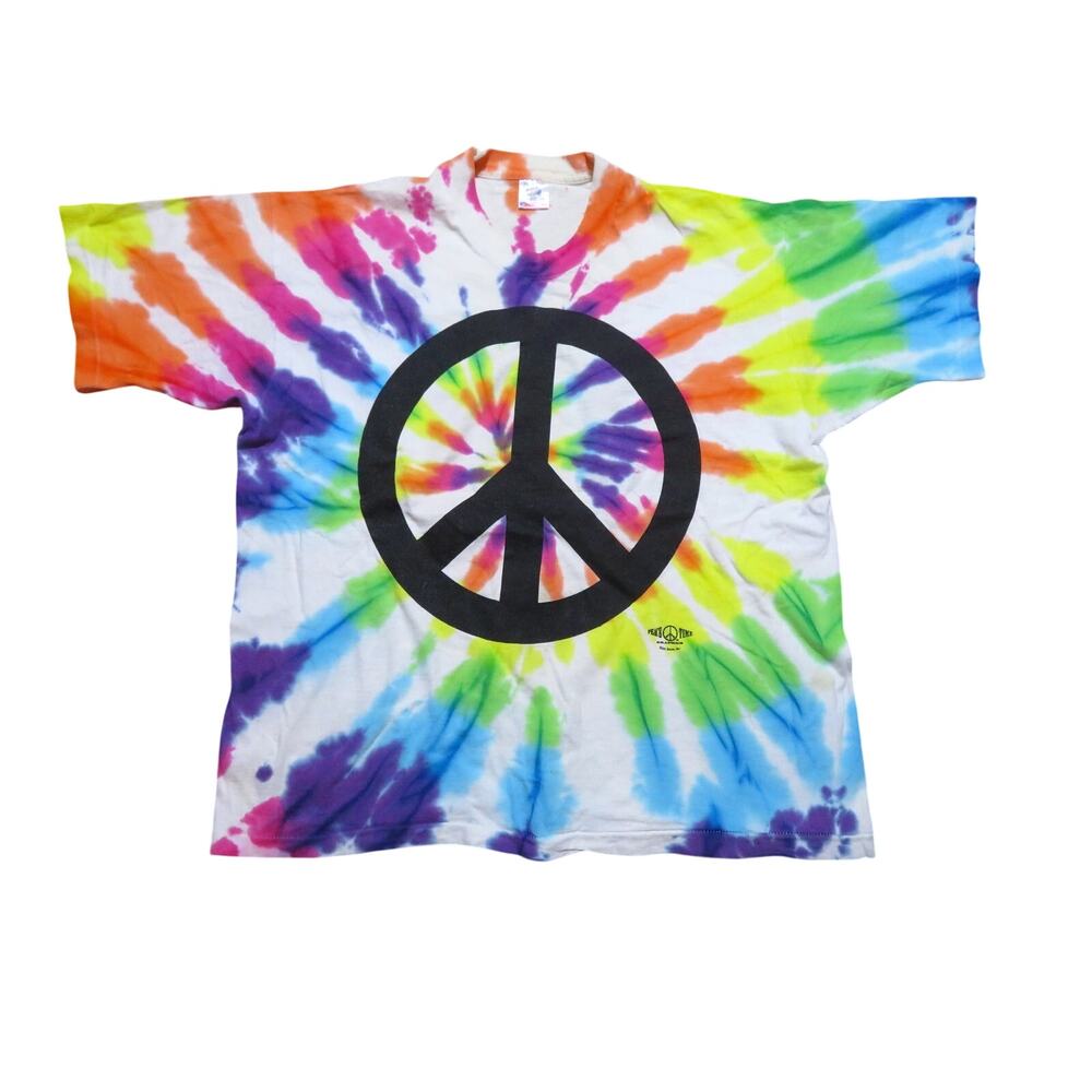 Peace Symbol Tye Dye Green Yellow Purple T-shirt Sz XL 1990s